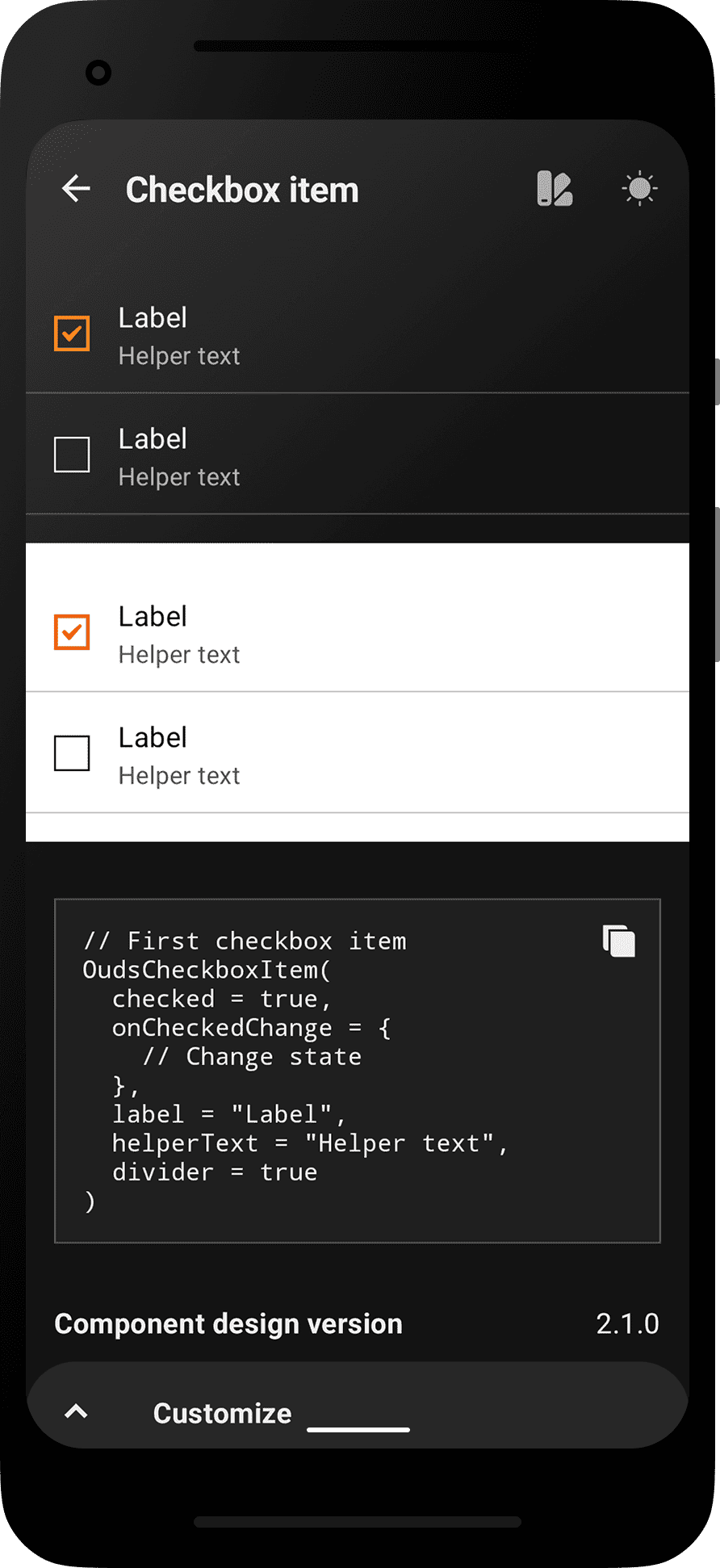 Android app - Checkbox item dark section showcase